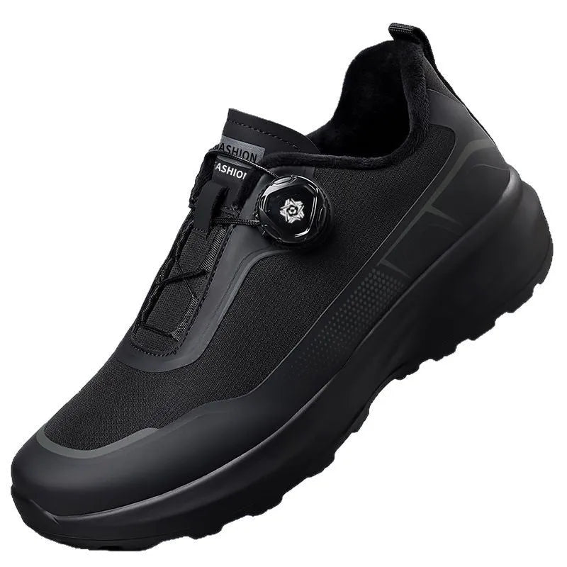 Men's breathable hollow out casual sneakers with rotating button lace-up, black colour, cloth upper and thick platform sole
