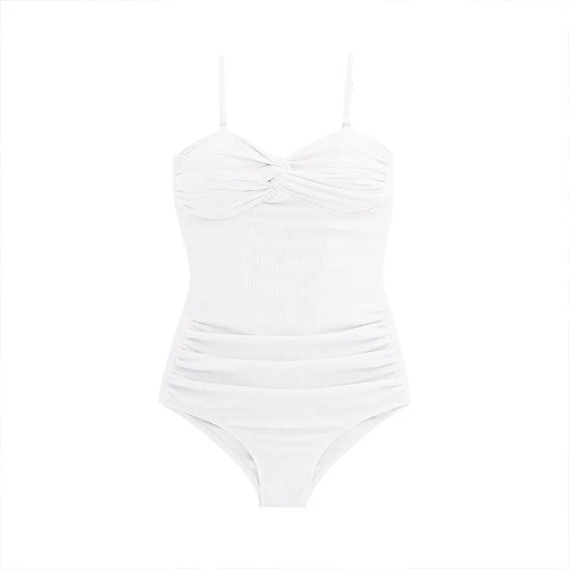 Women's black one-piece swimsuit with adjustable suspender straps and high waist