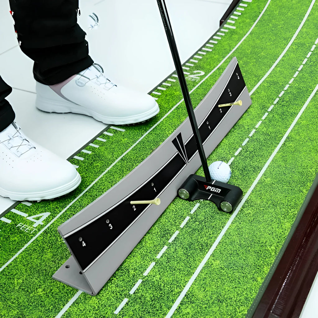 Golf putter trajectory balance simulator with adjustable push rod balancer on a floor