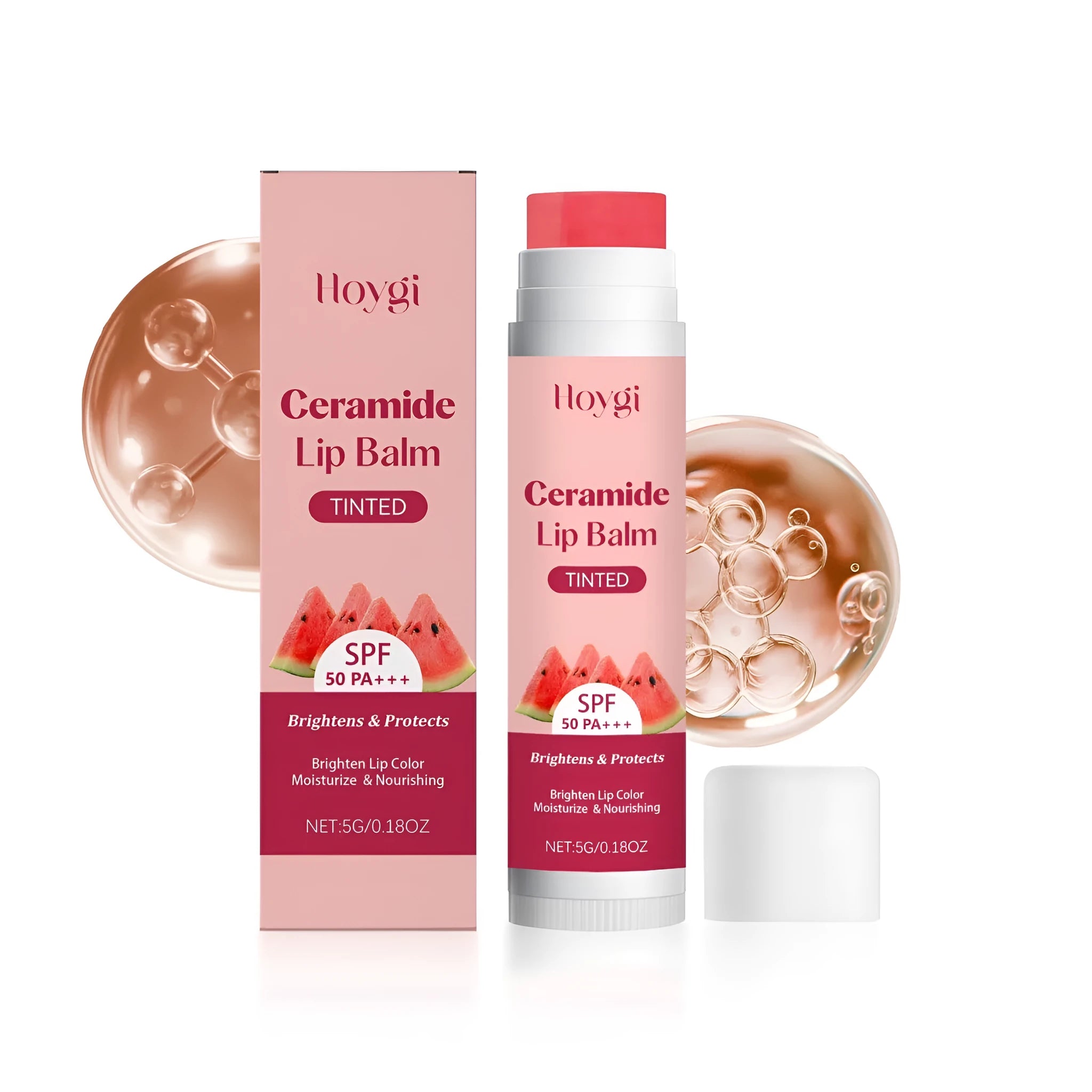 Brightening lip balm stick 5g with ingredients including vitamin E, kojic acid, and watermelon fruit extract on white background