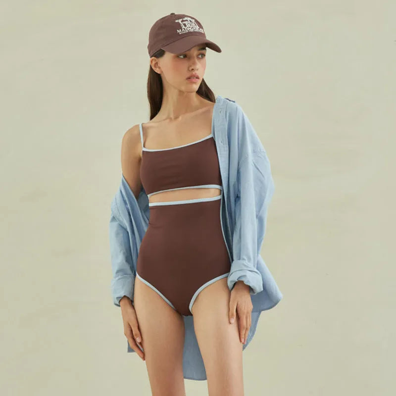 Brown triangle one-piece swimsuit for women in nylon fabric with sexy pattern design