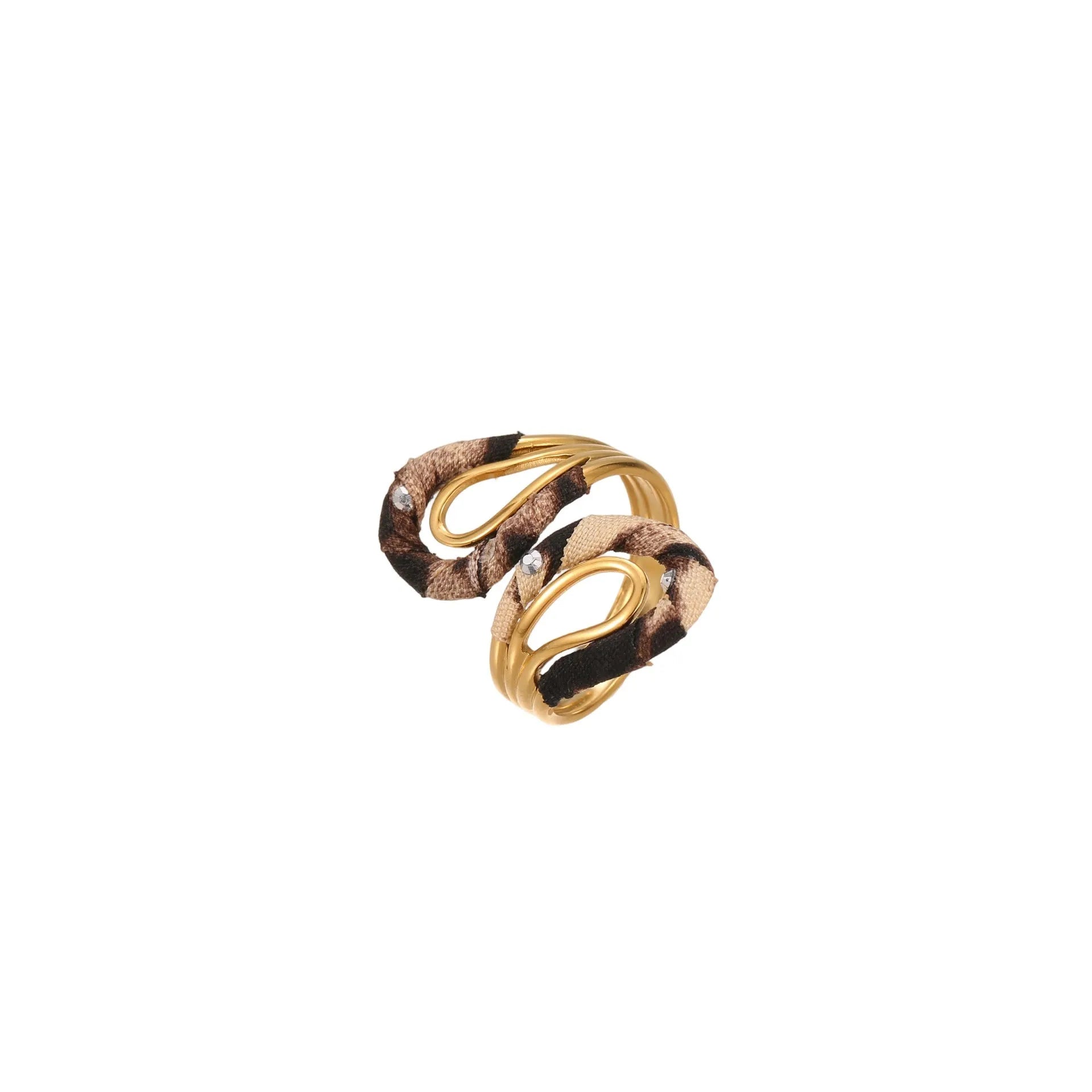 Open mouth stainless steel ring with geometric heart design and leopard print pattern