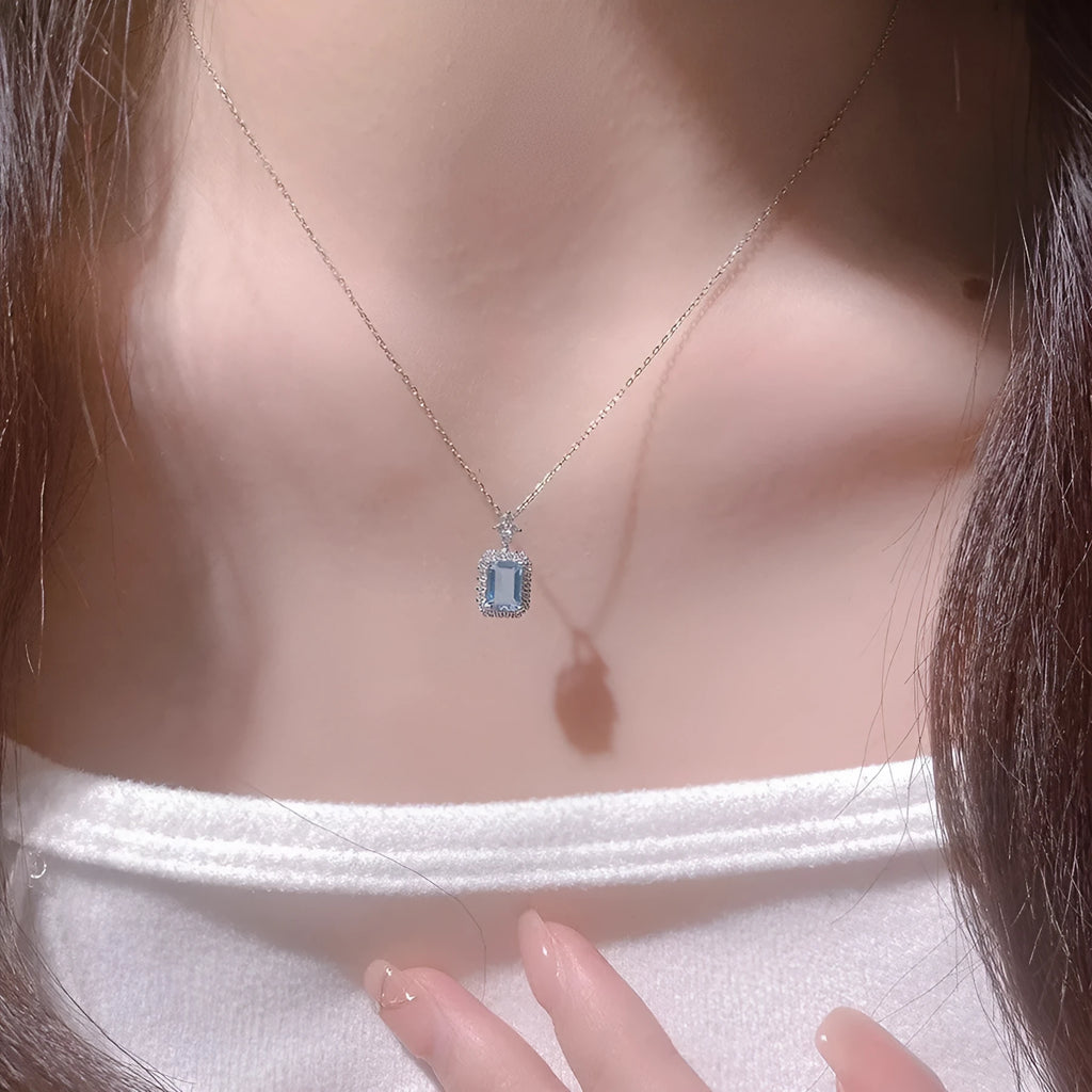 Blue electroplated square 925 silver pendant necklace on titanium steel O-link chain