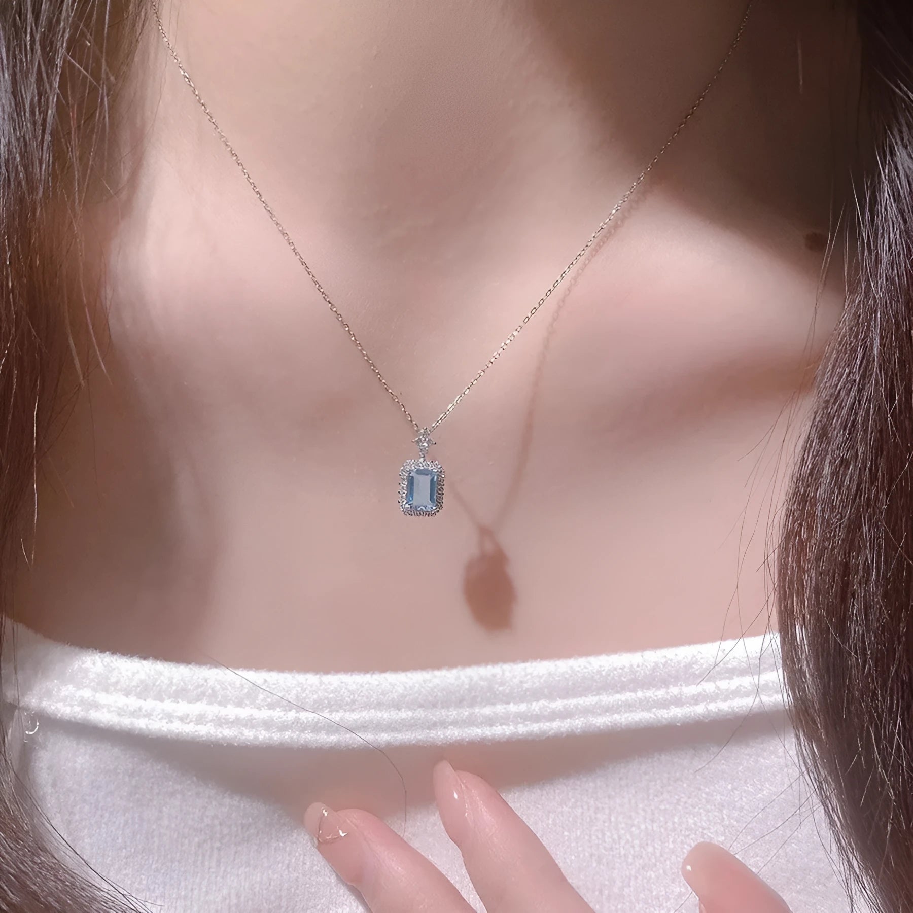 Blue electroplated square 925 silver pendant necklace on titanium steel O-link chain