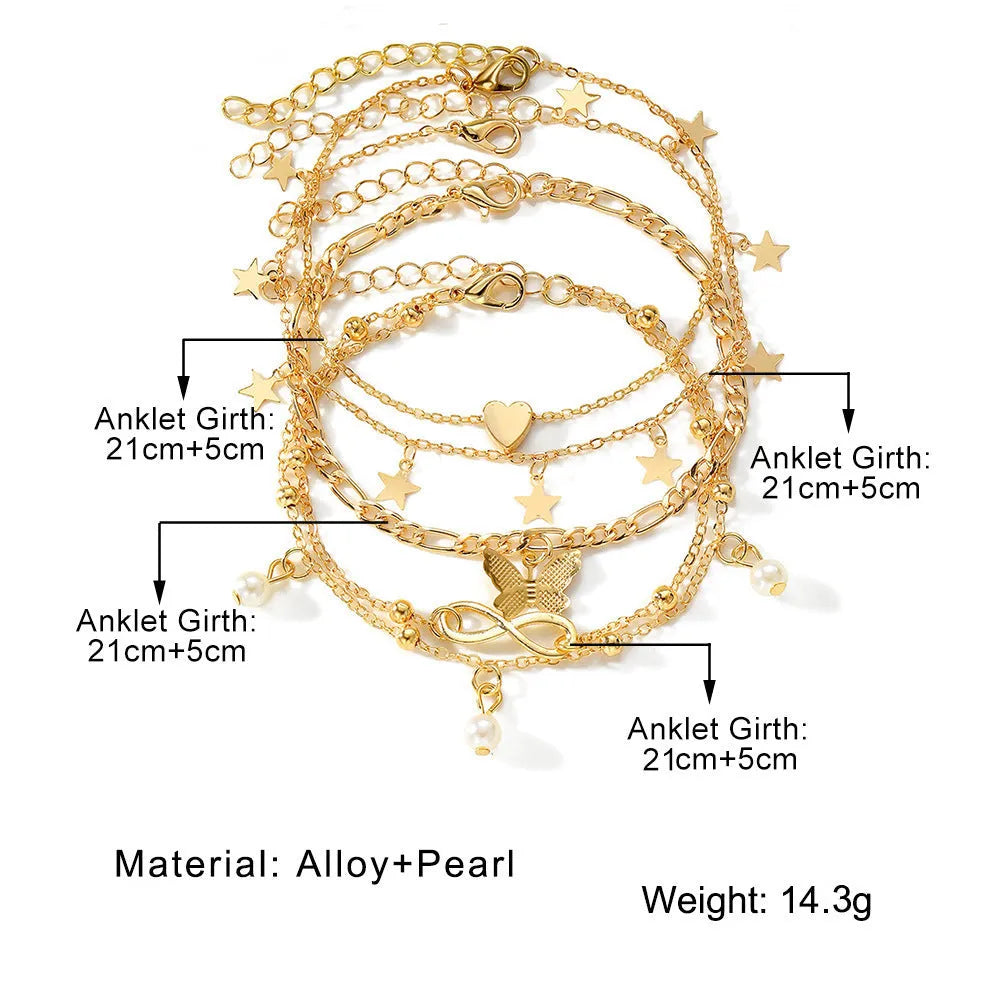 Alloy butterfly pearl heart anklet 4-piece set multi-layer simple style women's jewellery