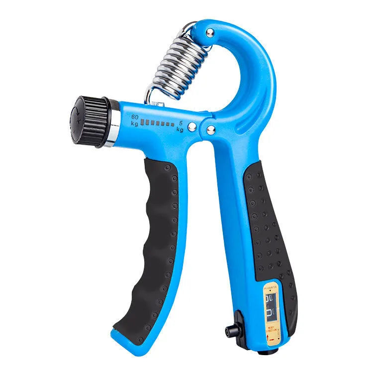 Adjustable counting hand gripper with black handles and built-in mechanical counter on a white background