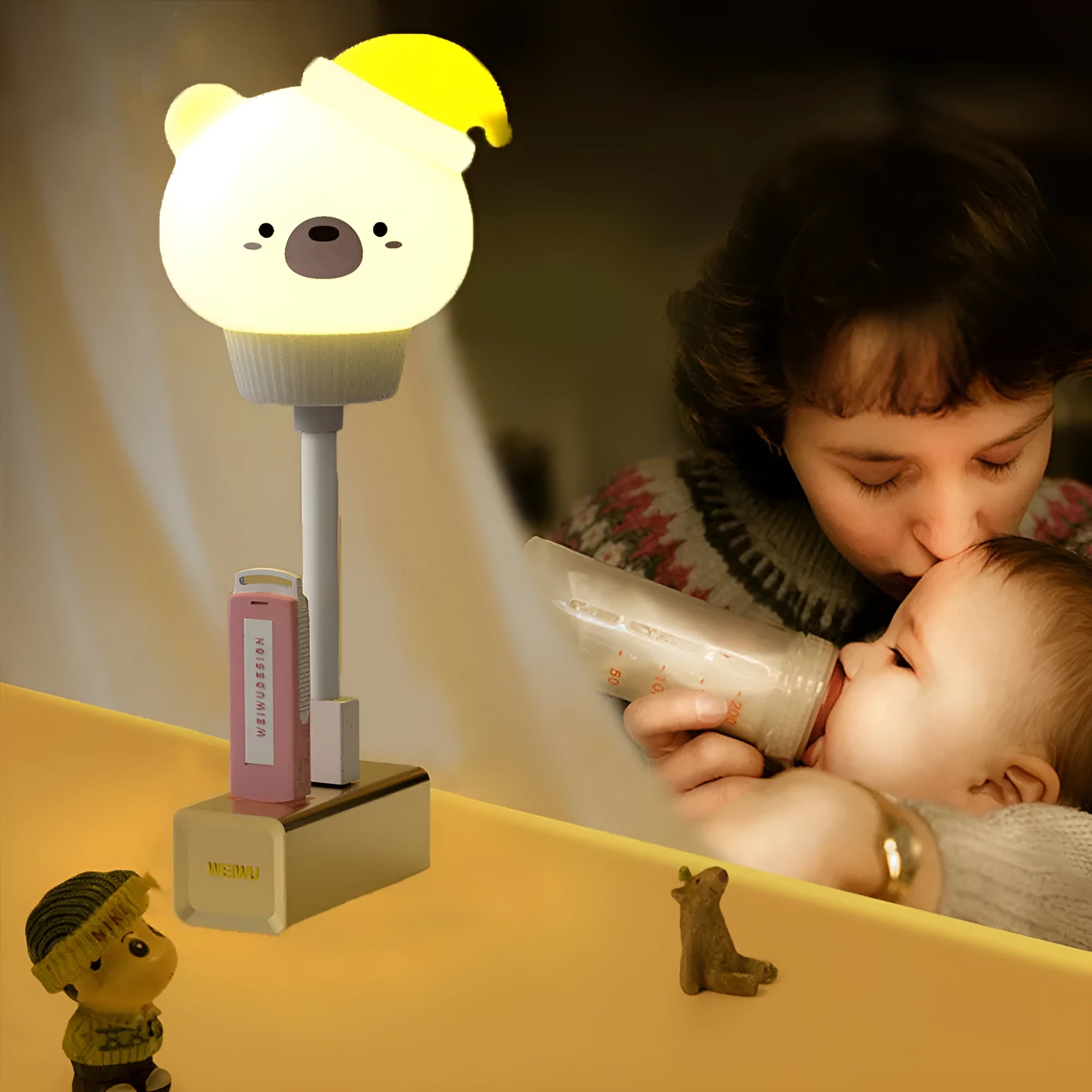 Cartoon animal USB night light with remote control showing bear, rabbit, duck and kitten designs