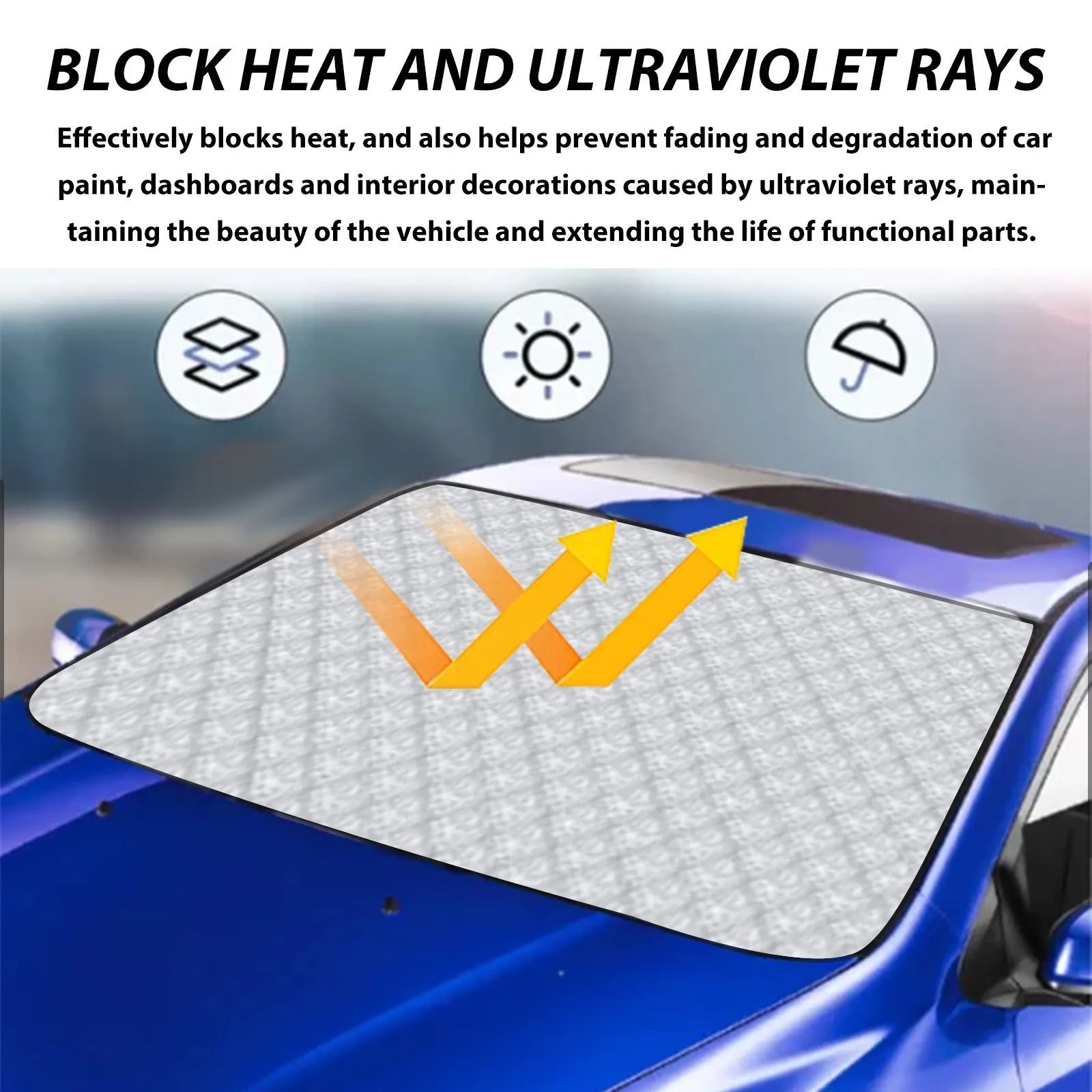 Car windscreen cover made of nylon and aluminium film, size 140x95cm, used for frost and snow protection on front windshield
