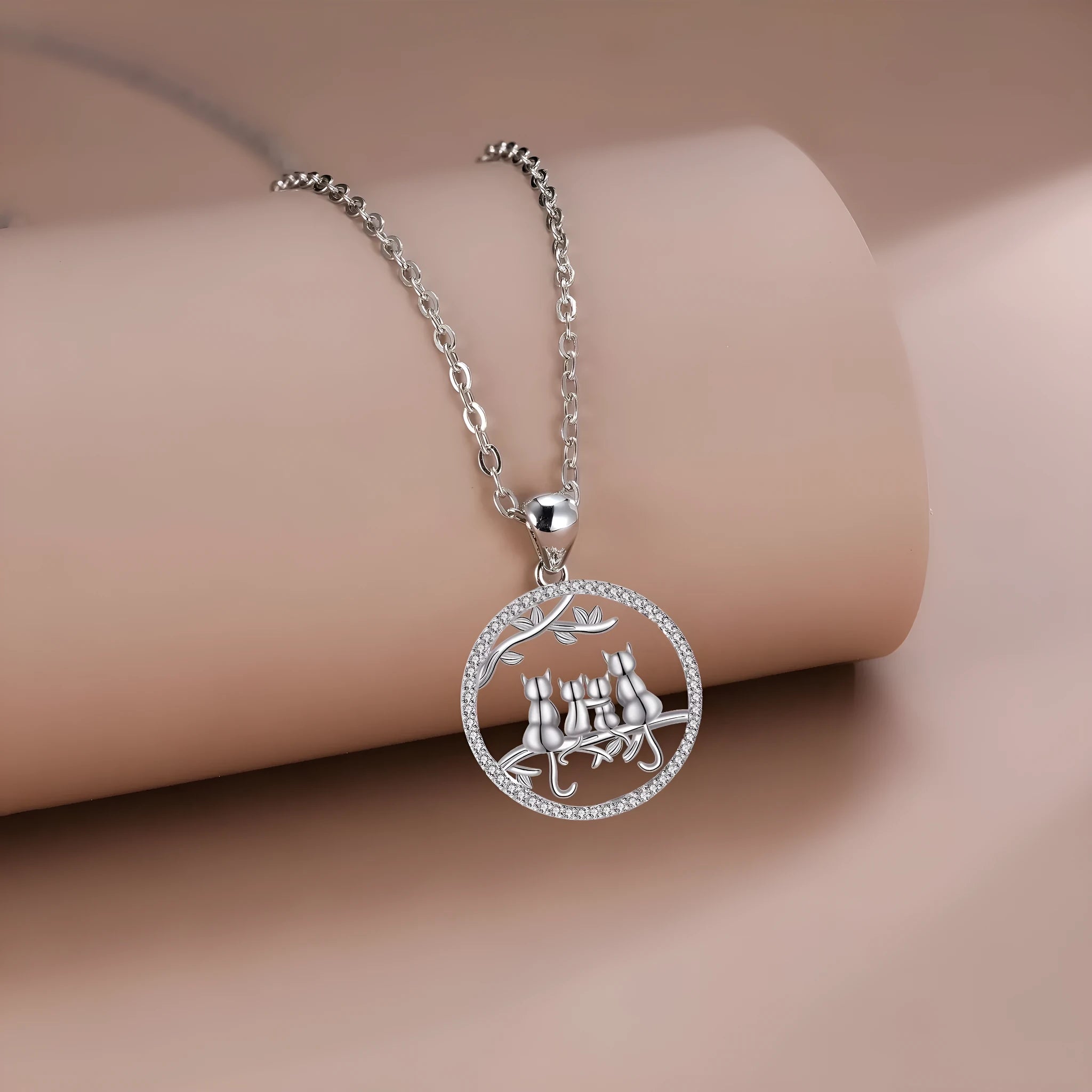 Women's four kitten necklace with copper pendant and cross chain in electroplated finish