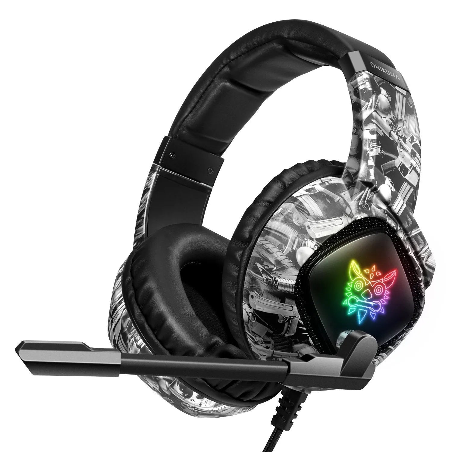 Camouflage grey wired RGB gaming headset with head-mounted design and 2.2 metre braided cable
