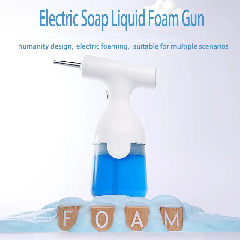 White electric foam soap dispenser gun with 350ml capacity and IPX5 waterproof design on bathroom counter