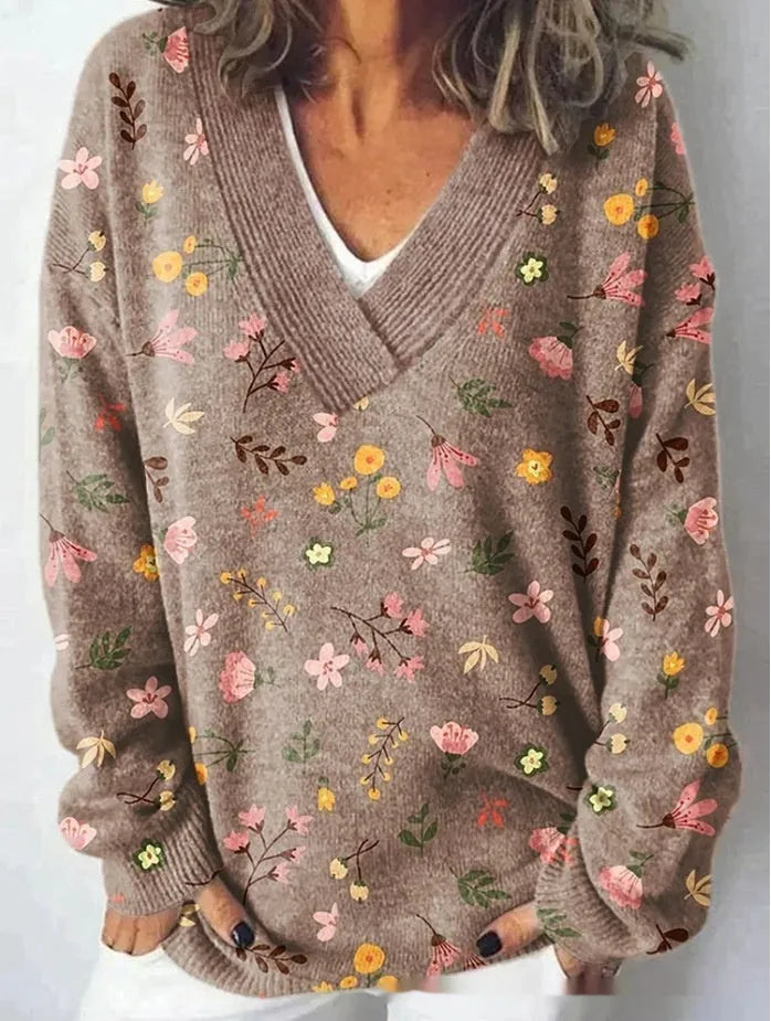 Women's V-neck long sleeve sweatshirt with a 3D floral print in an art retro style.