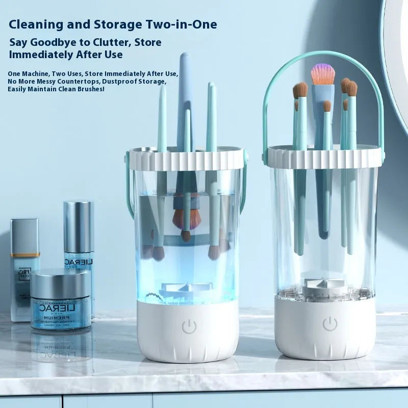White rechargeable electric makeup brush cleaning station with automatic sanitising function