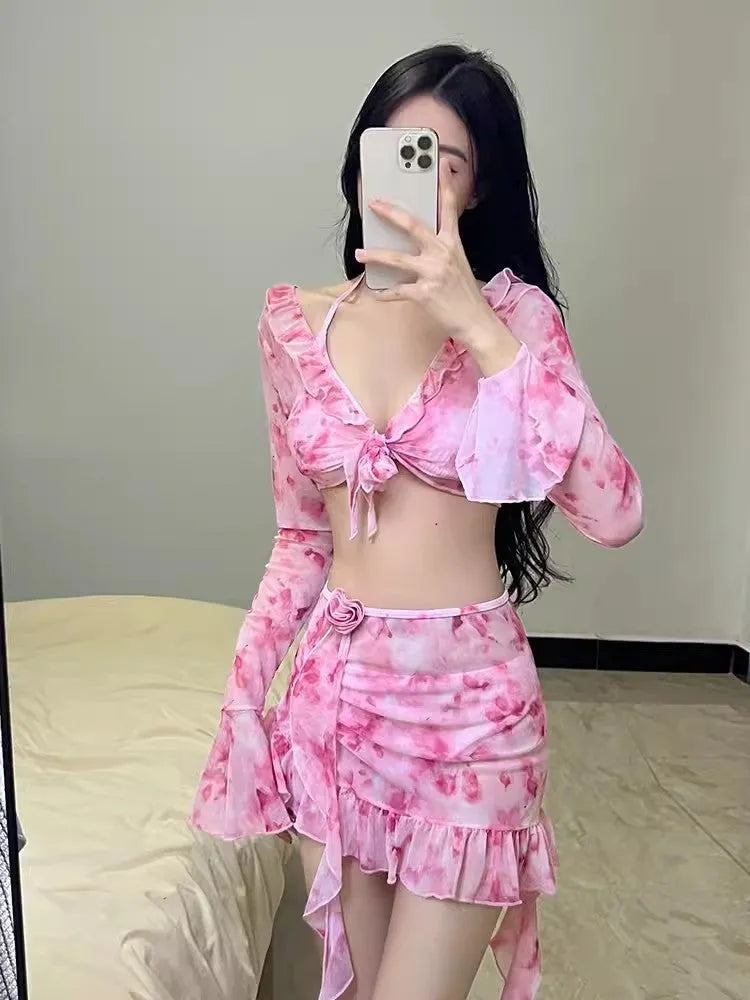 Women's floral bikini swimsuit in cherry blossom pink colour with Asian sizing options