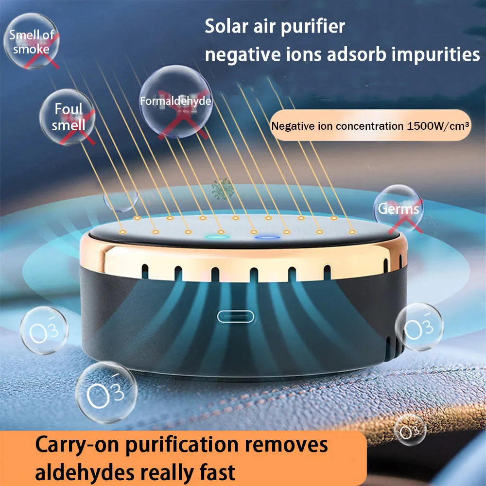 Black solar-powered car air humidifier mounted on a car air vent