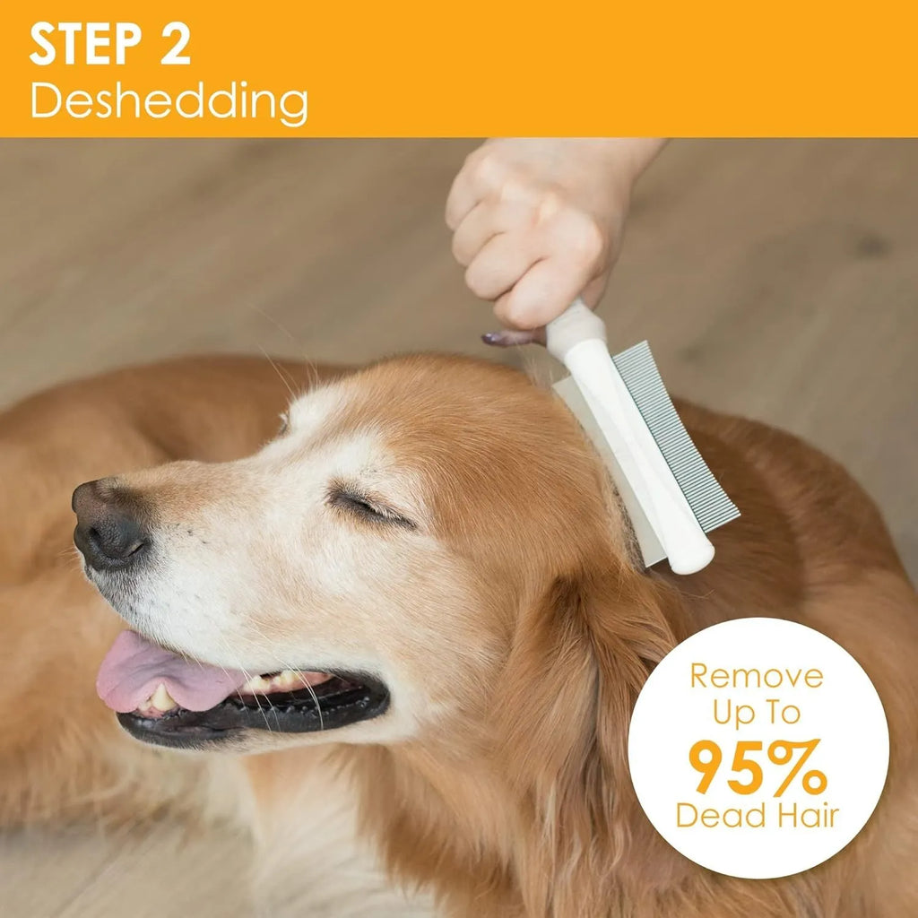 White double-sided pet grooming brush showing comb and deshedding sides, with ergonomic anti-slip handle.