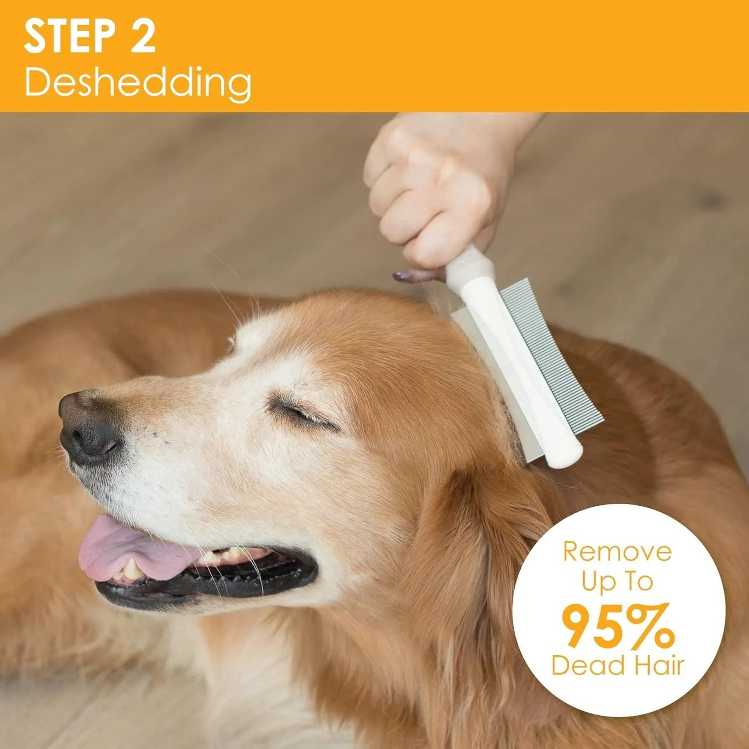 White double-sided pet grooming brush showing comb and deshedding sides, with ergonomic anti-slip handle.