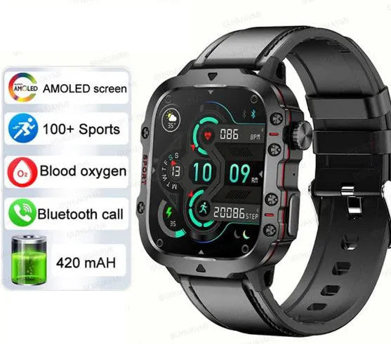 QX11 smartwatch in black or khaki with zinc alloy case, showing TFT screen displaying health data.