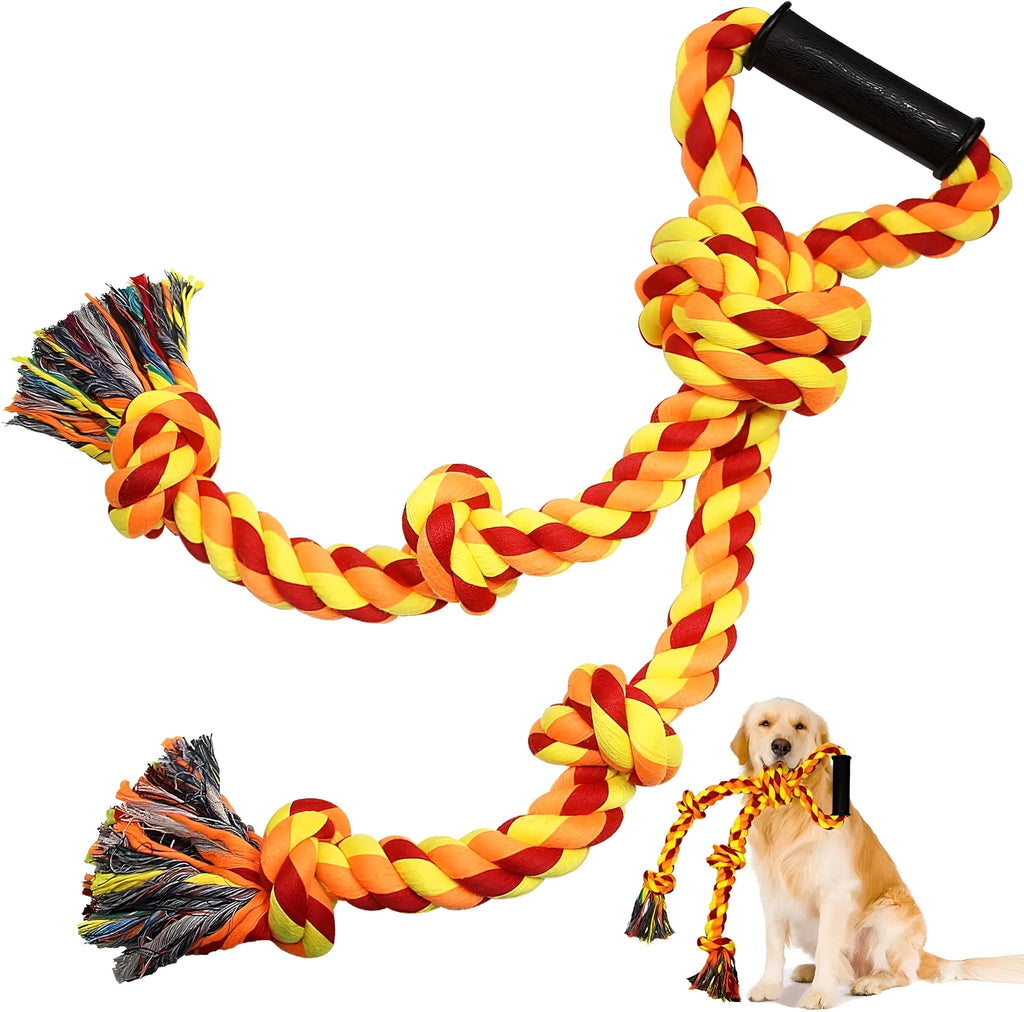 Blue and yellow heavy-duty cotton rope dog toy with ergonomic handle for tug-of-war