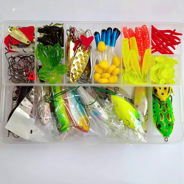 142-piece fishing lure suit with metal pliers and hard minnow lures featuring sequin accents