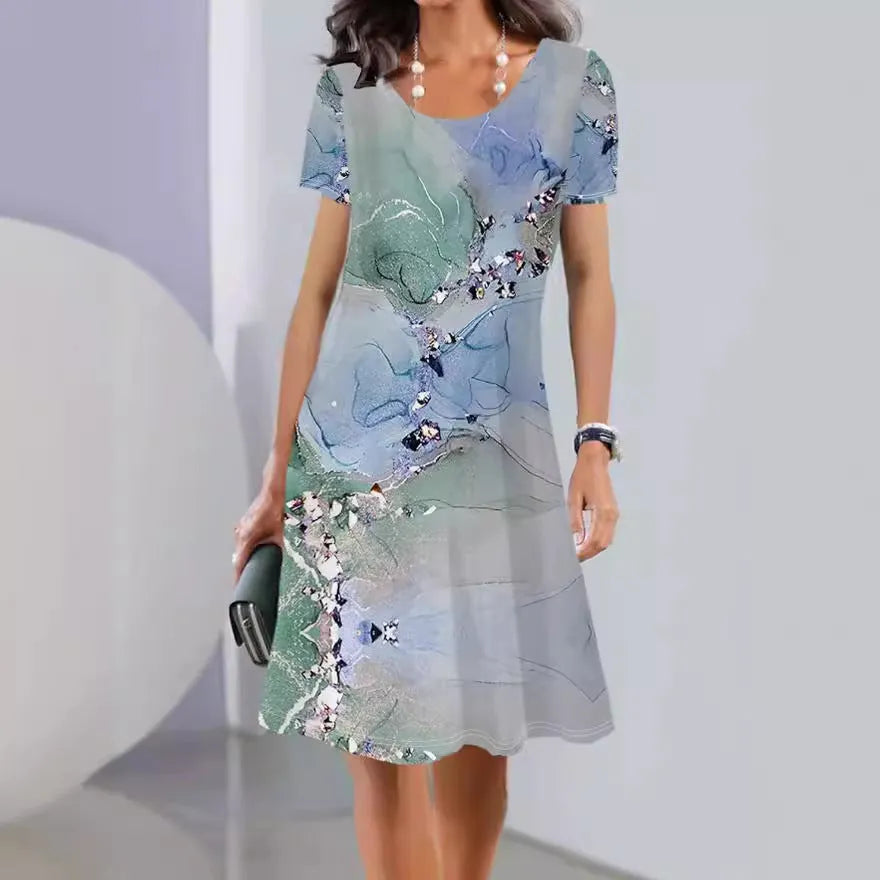 Women's ice silk A-line dress with printed botanical pattern in mid-length fresh sweet style