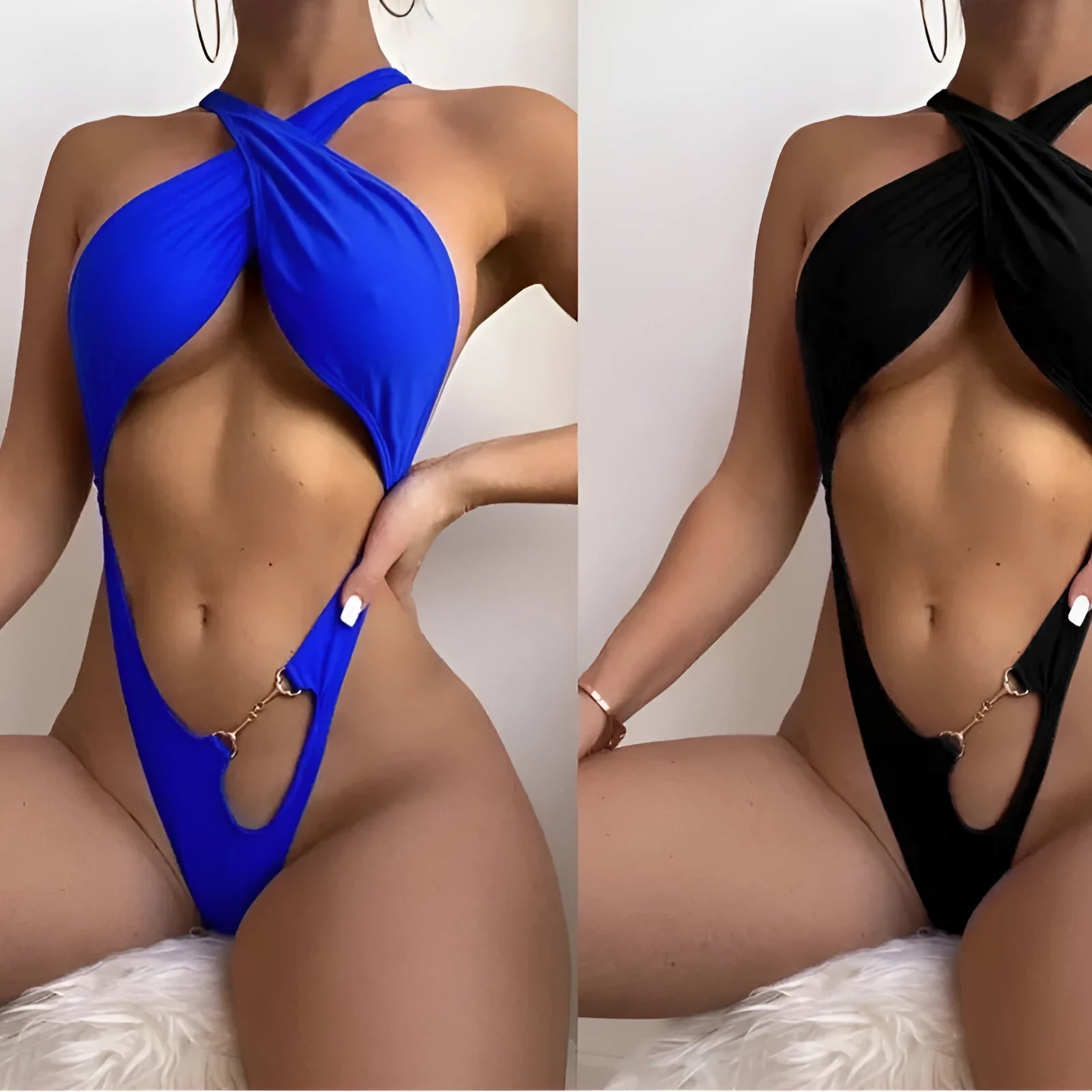 Women's one-piece swimsuit bikini in solid blue colour polyester with spandex lining