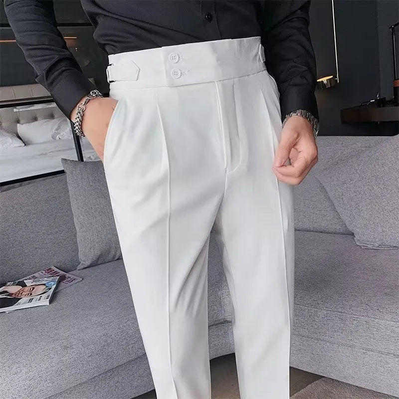 Autumn retro high waist straight casual trousers in black, cotton blend fabric, women's straight leg pants