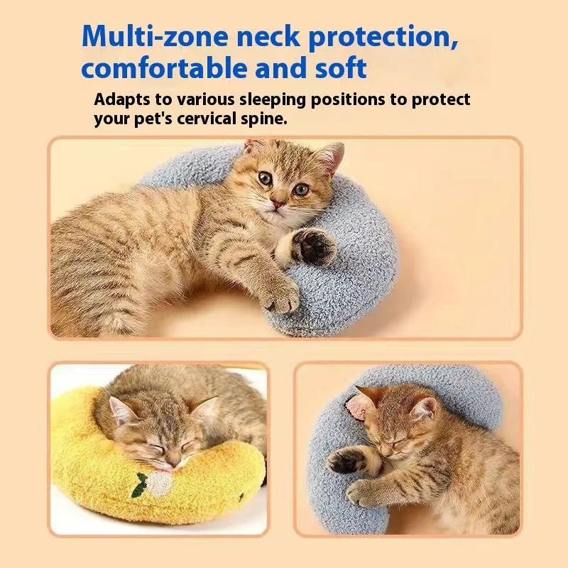 Blue U-shaped cat neck protection pillow with moon design on cloth material