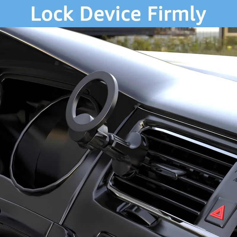 Black magnetic car air vent phone holder with O‑ring bracket for mobile phones up to 6.8 inches.