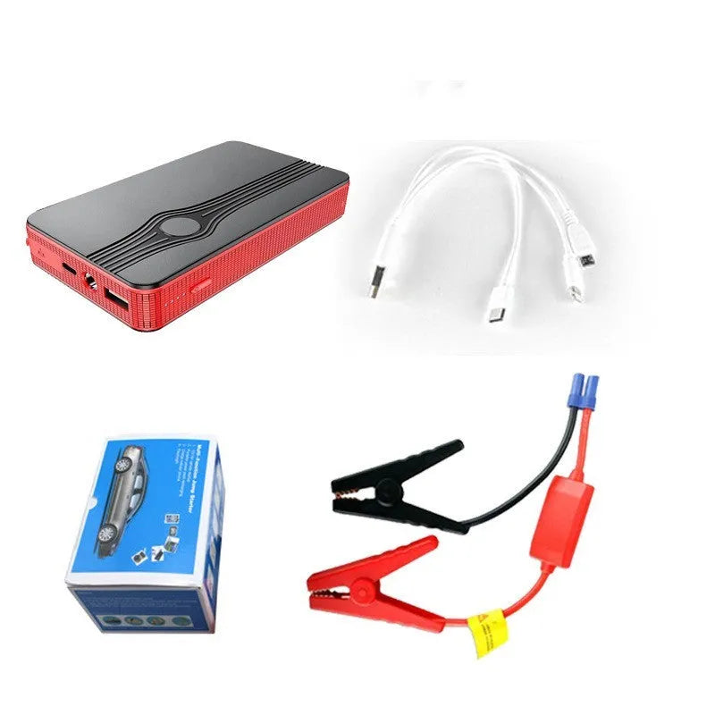 Red K4-E automobile emergency jump starter power bank with data cable, compact rectangular design.
