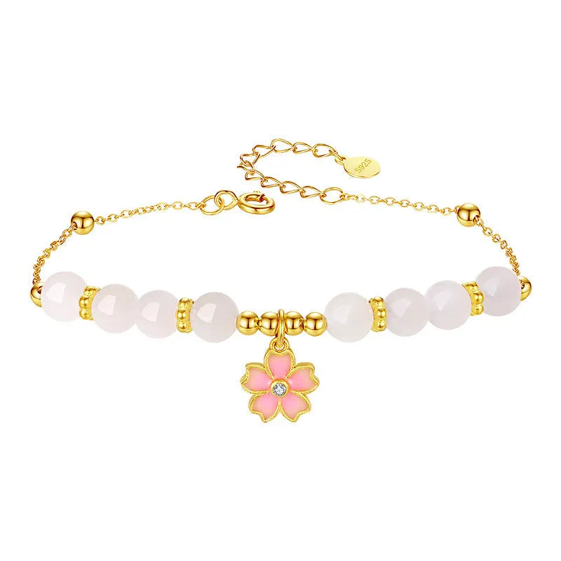S925 silver gradient epoxy cherry blossom pendant Hetian jade beaded bracelet pink sweet style
