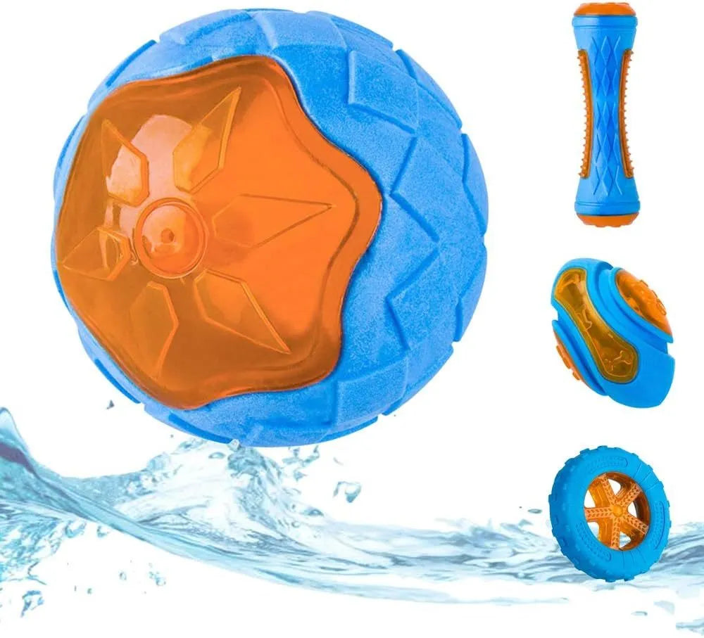 Set of three TPR dog toys: a spiked ball, a barbell, and a tire, shown as floating squeaky toys for water fetch.