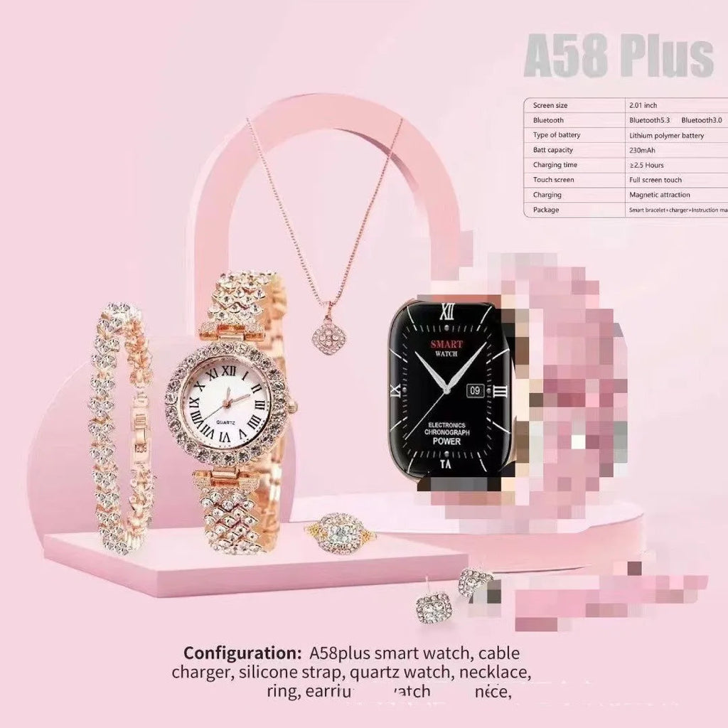A58plus smart watch in black with touch screen and strap, showing Bluetooth calling and notification interface.