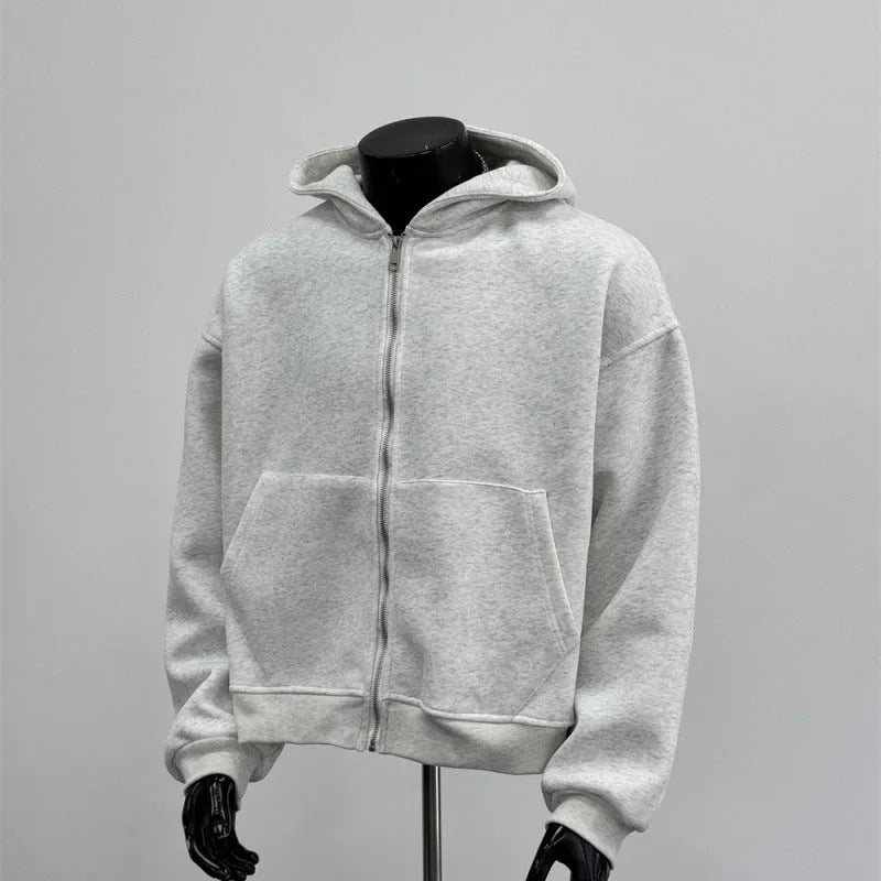 Hooded men's coat in light gray with backpack-style front pocket, polyester cotton blend, casual fit