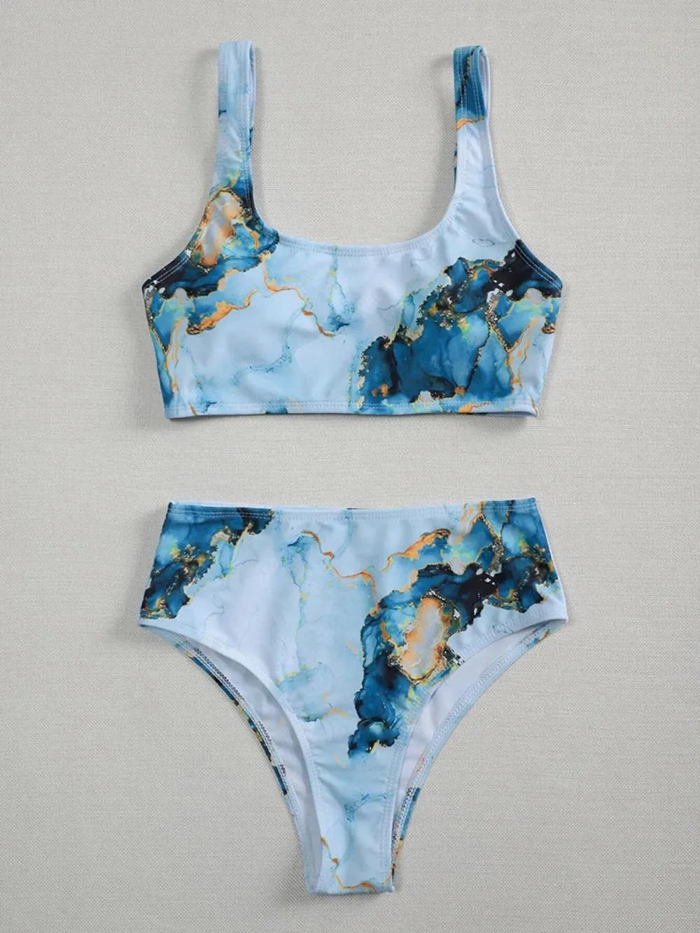 Women's marble tie-dye high-waist separated swimwear bikini with U-neck top