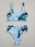Women's marble tie-dye high-waist separated swimwear bikini with U-neck top