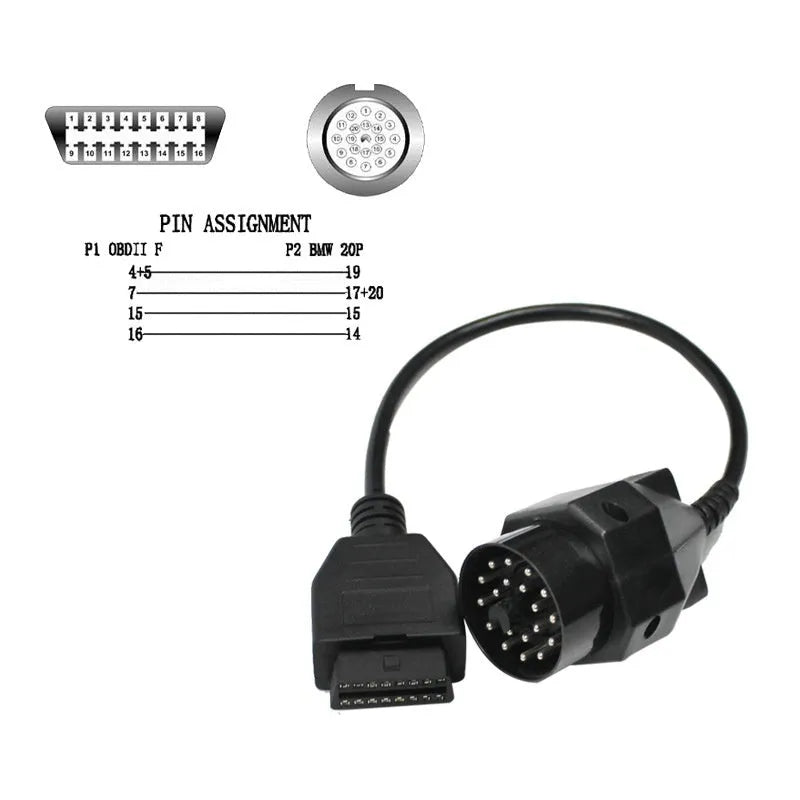 BMW 20-pin to 16-pin OBD2 diagnostic cable adapter with connecting cables