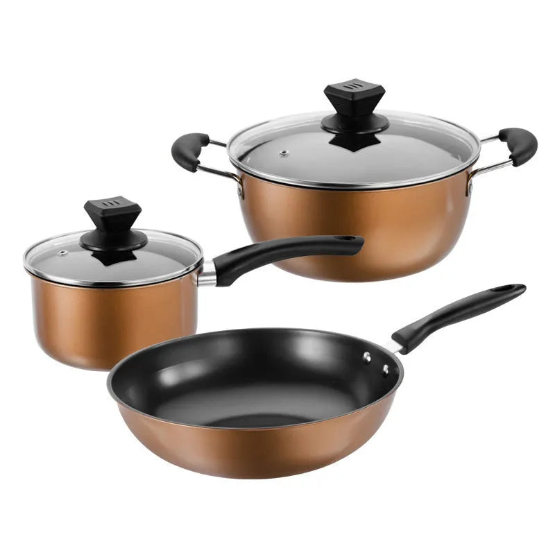 Three-piece cast iron non-stick cookware set with soup pot, milk pot, and wok in light luxury style