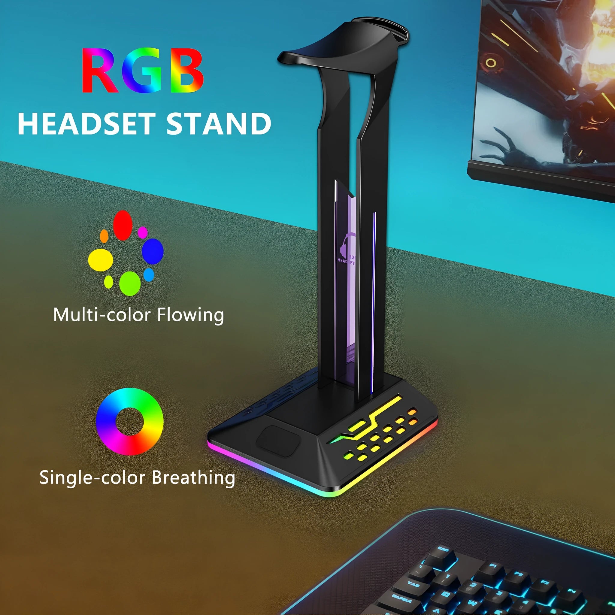 RGB colour changing headset display bracket with dual USB ports holding gaming headphones