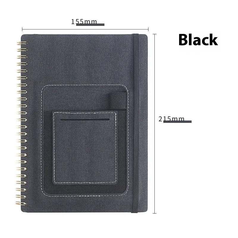 A5 coil-bound erasable notebook with waterproof stone paper in a customisable cover, shown with a pen.