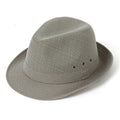 Classic brown fedora hat for men on a stand, showing the brim and structured crown.