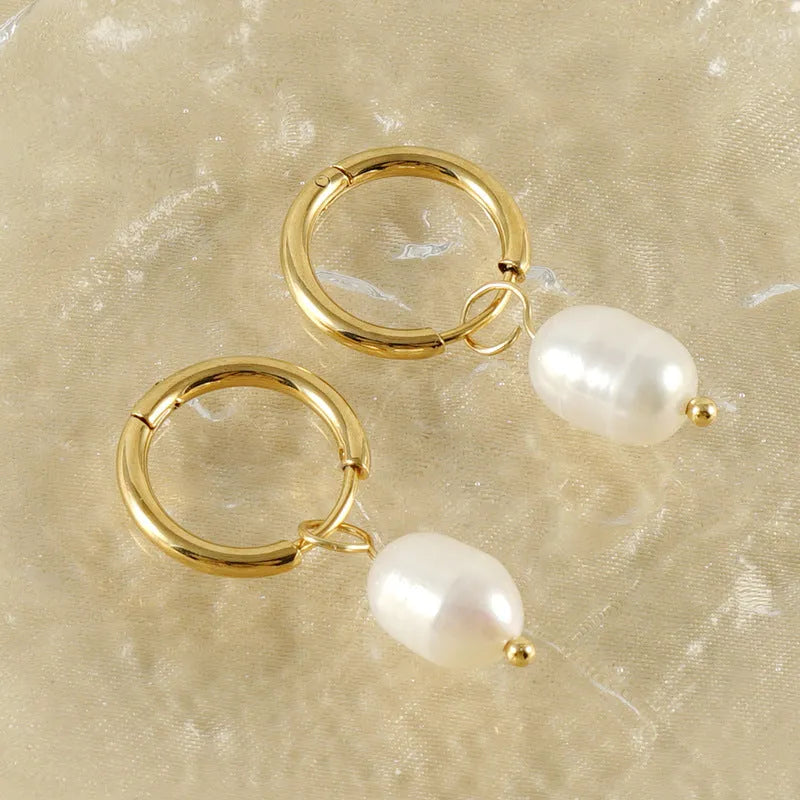 Geometric gold stainless steel earrings with pearl accents and titanium posts