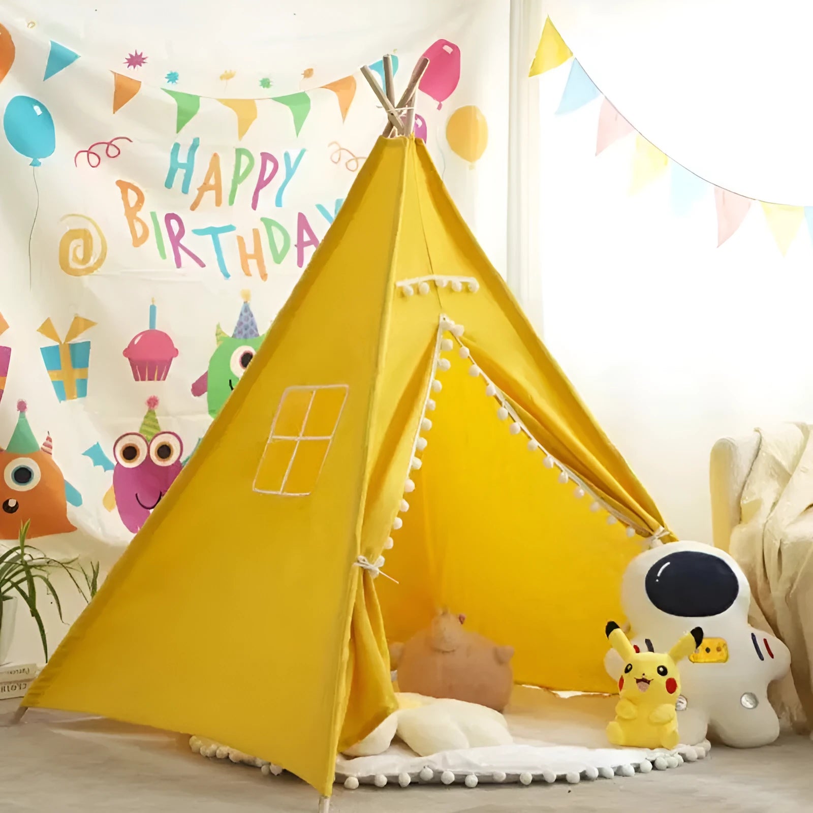 Children's indoor princess castle play tent with wooden frame, in a pink fur ball style with an open front and decorative top