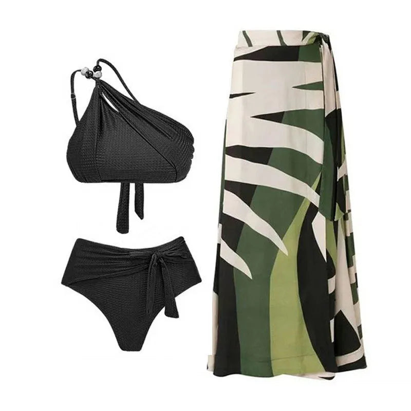 Push up high waist split swimsuit for women in Y305 black colour, nylon and polyester lining