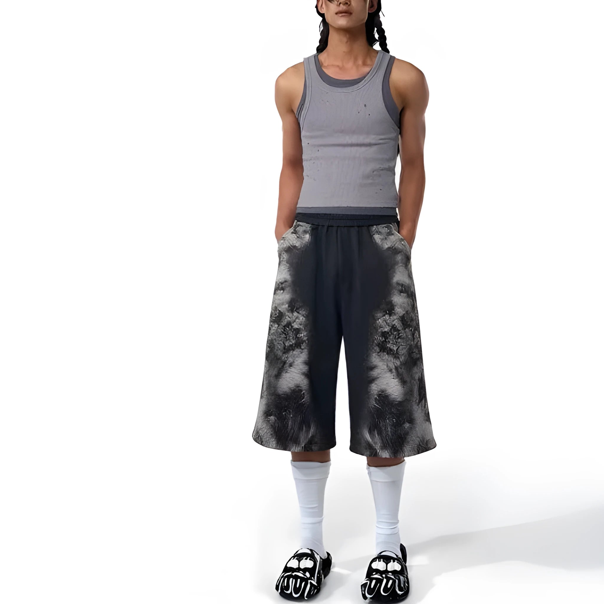 Printed loose street fashion trousers with hoodie and seven-inch pants three-piece set