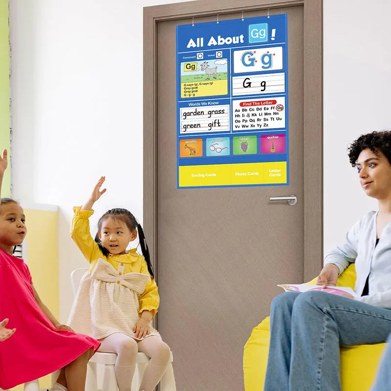 Alphabet learning chart with cards displayed on 60x40cm surface showing words letters pictures