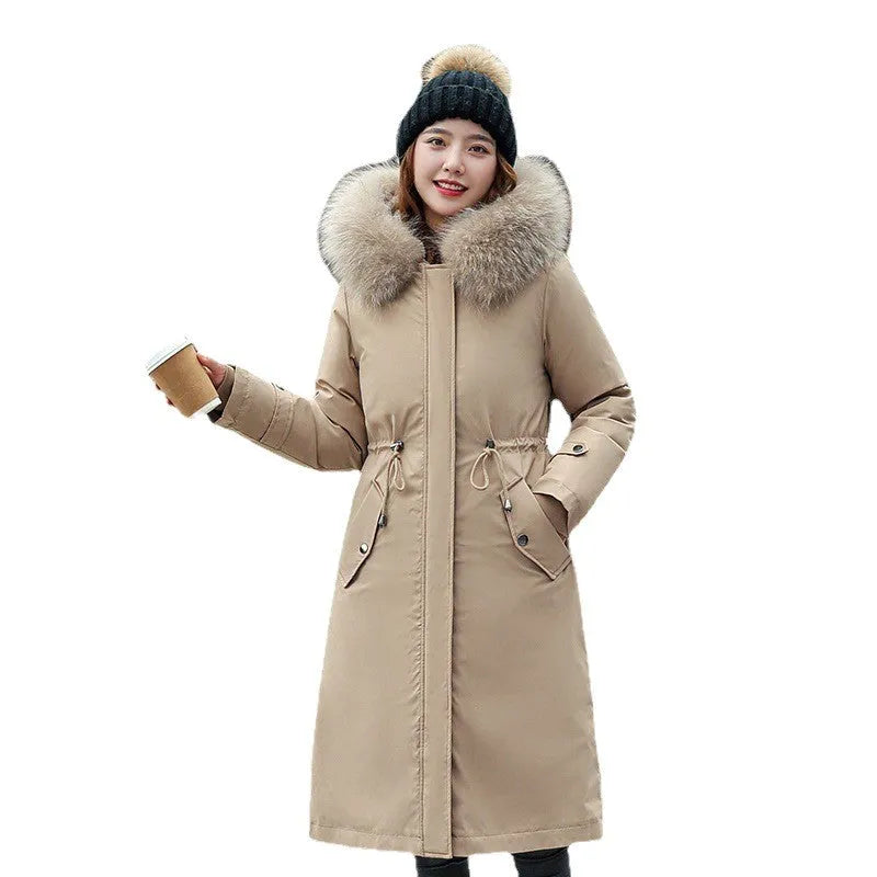 Women's long beige trench coat with down cotton filler and fleece fabric, 100cm length.