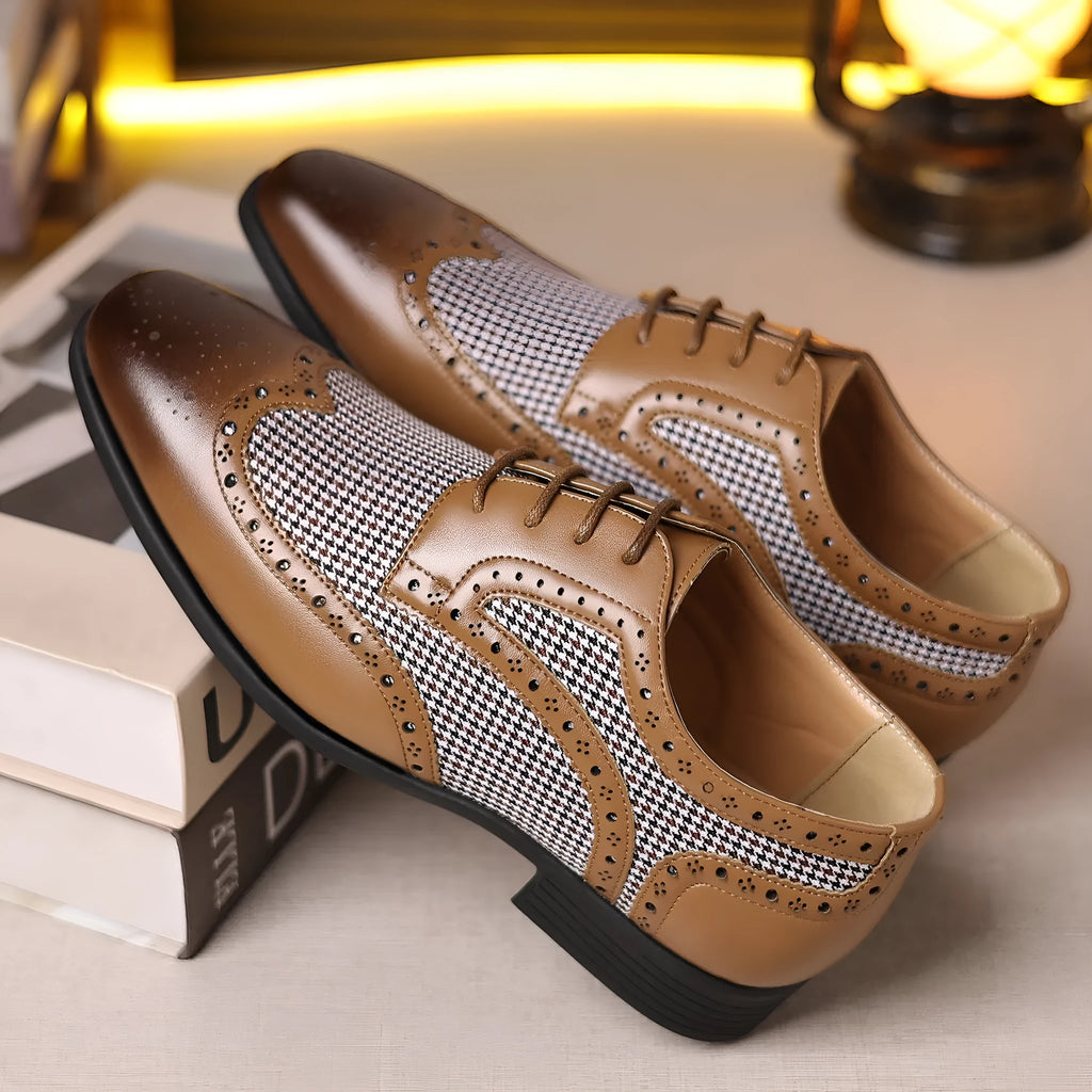 Men's black houndstooth patterned canvas lace-up casual shoes with a rubber sole.