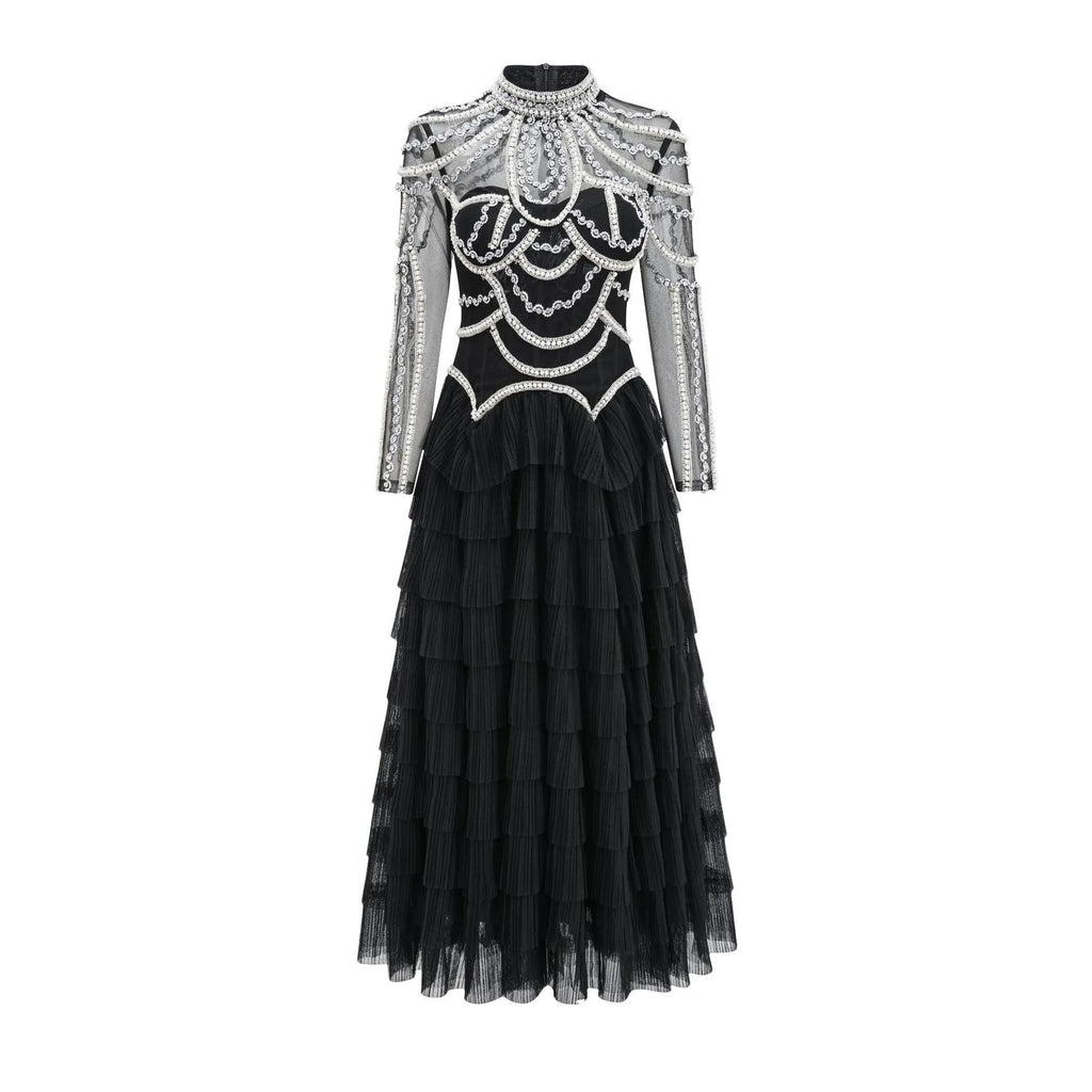 Women's black long sleeve dress with beaded decoration and mid waist silhouette