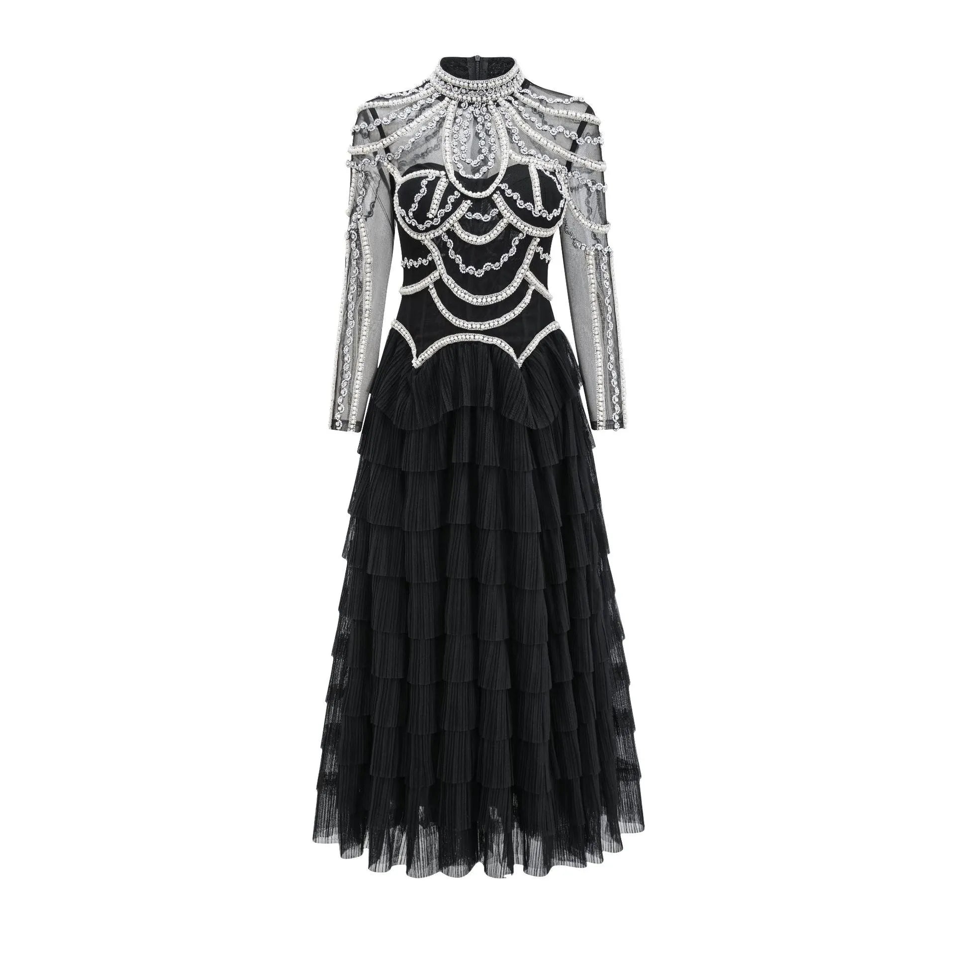Women's black long sleeve dress with beaded decoration and mid waist silhouette